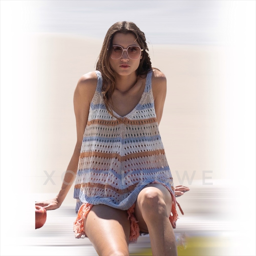 POL Blue + Orange Striped Crochet Open Knit Sleeveless Top - Picture 5 of 15